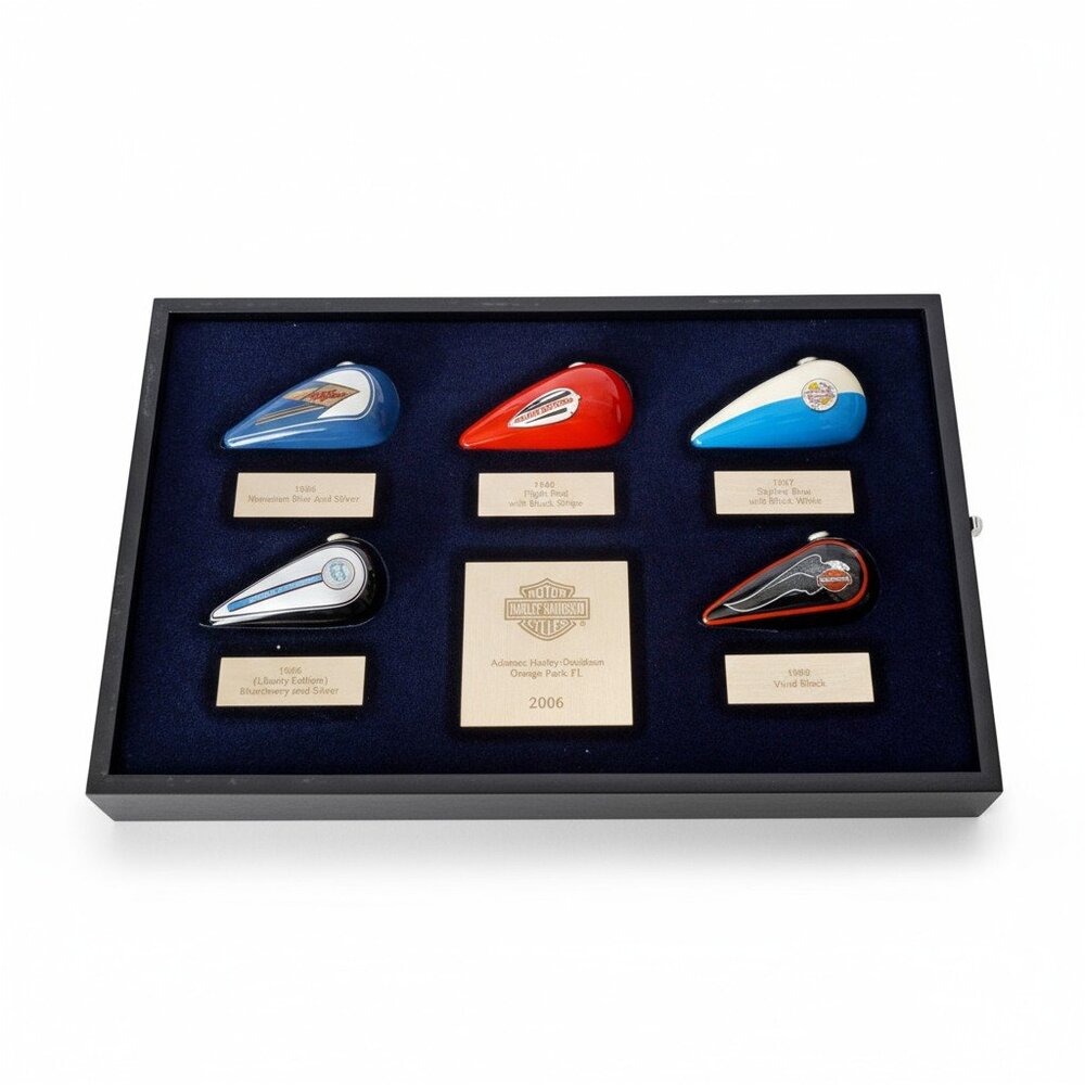 Harley-Davidson 5 Mini Gas Tank Set 2006 Shadow Box Wall Display Orange Park FL - Picture 2 of 12